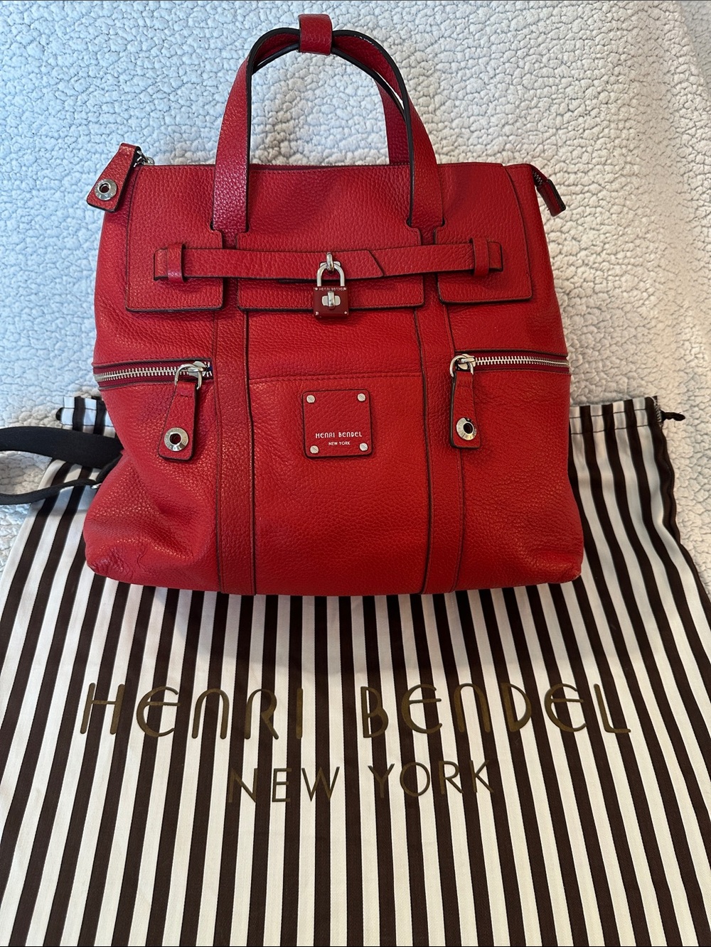 Henry Bendel Red Leather Jetsetter Convertible Satchel Backpack with Dust bag.